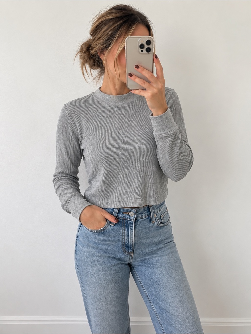 TNA Grey Waffle Knit Cropped Long Sleeve Top – Size S